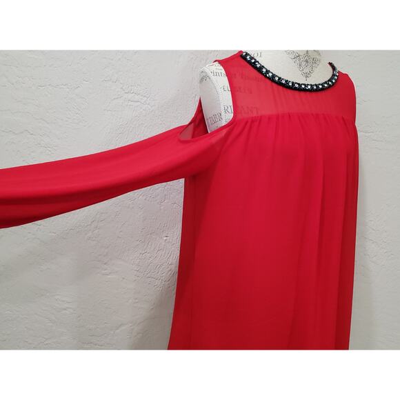 Michael Kors Red Long Sleeve Cold Shoulder Beaded Crew Neck Blouse Shirt Top - Picture 9 of 10